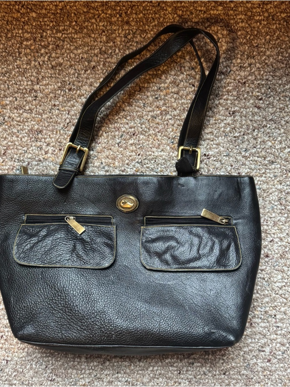 Black Leather Tote Bag with Front Pockets